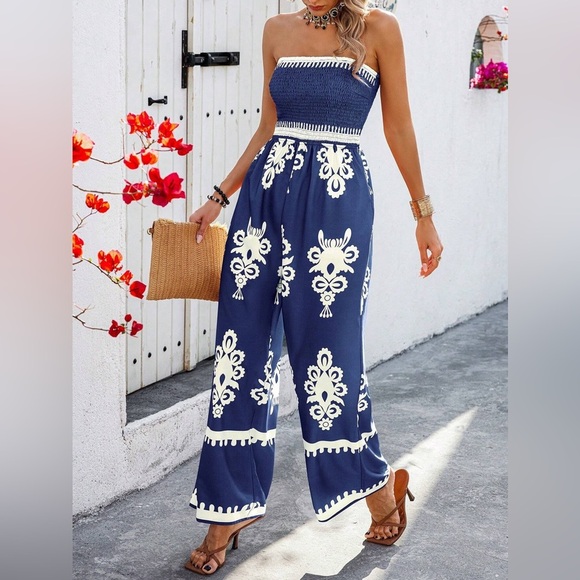 WILA Pants - Strapless jumpsuit boho gypsy print navy blue